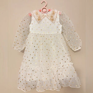 Gold Polka Dot  Embroidered Collar Dress